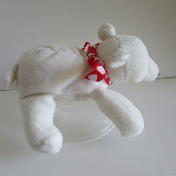 WHITE 6" long POLAR BEAR w Red Heart Satin Ribbon FIESTA beans Stuffed Animals - Picture 3 of 13